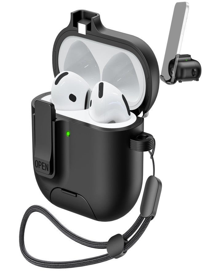 MHYALUDO جراب MHYALUDO لسماعات AirPods 4 مع طقم تنظيف مجاني، غطاء مقاوم للصدمات، مسند قابل للتعديل مانع للانزلاق، طلاء مقاوم لبصمات الأصابع، غطاء حماية كامل من السقوط مع حبل، أسود - Image 1